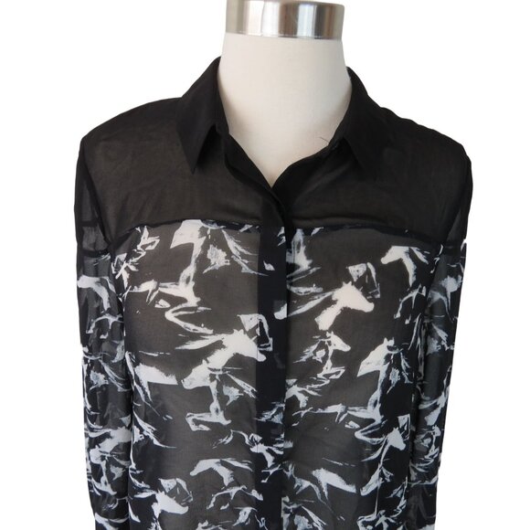 FRENCH CONNECTION Women's Black White Hatched Horses Sheer Blouse Size 6 - Picture 2 of 9